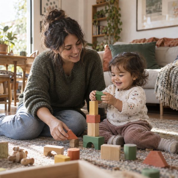 Profesional jugando con un niño pequeño en el living de su casa